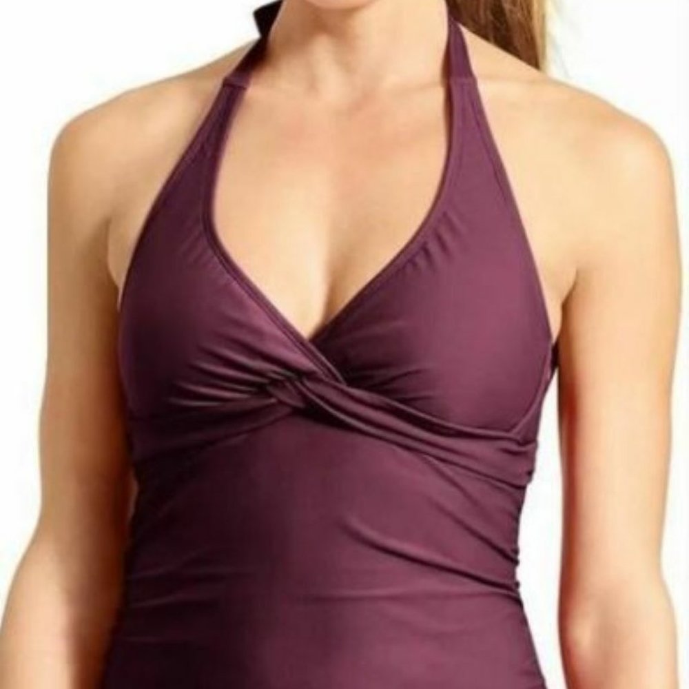 ATHLETA Tara Halter Tankini 34B/C Wild Bloom Burgundy Purple Swim Top Tank NWOT